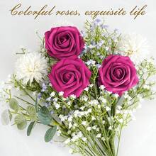 16 piezas de rosas de espuma de color rosa con brillo artificial y tallos para ramos DIY, centros de mesa, arreglos para bodas, decoración de despedida de soltera - Rosa Roja - Ver 6