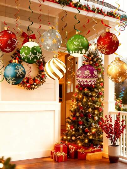 9pcs/Large Outdoor Christmas Ball Yard Sign Double-Sided Lawn Decorations Outside Hanging Ornaments Plastic Cardboard Xmas Holiday Porch & Tree Decor Classic Style (Free Spiral Ribbon Gift) Christmas Decorations Winter Room Decor