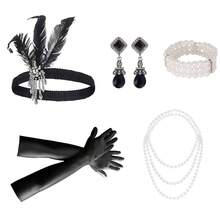 7 pièces Ensemble d'accessoires élégants et sexy pour femmes des années 1920, accessoires rétro haut de gamme pour soirée célibataire, bal masqué, serre-tête en plumes, collier de perles, bracelet, gants, accessoires de costume de fête - A - Voir 2