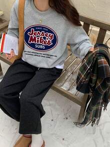 1pc Women's Casual Loose Fit English Print Pattern Crew Neck Sweatshirt, Versatile For Daily Wear, Autumn/Winter