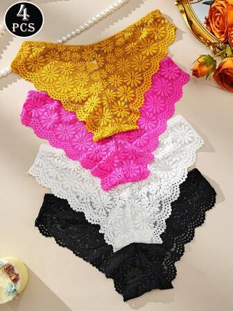 4 piezas - Bragas de encaje coloridas y sexys para mujeres con un lazo lindo, con encaje hueco puro y cautivador, entrepierna cómoda, ajuste preciso al estilo dopamina, adecuado para ir al trabajo, citas y otras ocasiones. Perfecto con faldas cortas, un culotte triangular imprescindible para una chica sexy.