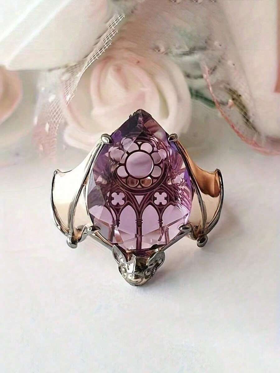 Vintage Gothic Inlaid Rhinestone Purple Fashion Personality Ring, Bat Flower Painted Design, Shiny Party Jewelry, Daily Versatile - The Perfect Gift For Her - 彩色 - 查看 1