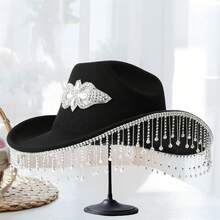Women's Felt Bridal Cowgirl Hat Wide Brim Jazz Cap Stylish Rhinestone Tassel Western Hat For Party - màu đen - Xem 4