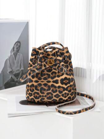 Sac seau vintage plissé à cordon de serrage, imprimé léopard, automne/hiver
