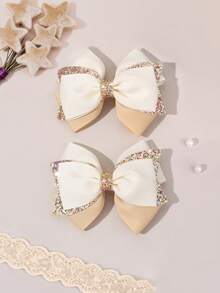 2pcs Elegant Beige Khaki Hair Bows For Girls Champagne Glitter Bow Alligator Clips Daily Hair Clips Wedding Party Barrettes Casual Sparkly Hairpins Teens Hair Accessories - Beige - View 9