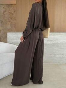 大码女式纯色纽扣长袖上衣和阔腿裤优雅两件套 - 摩卡棕 - 查看 2