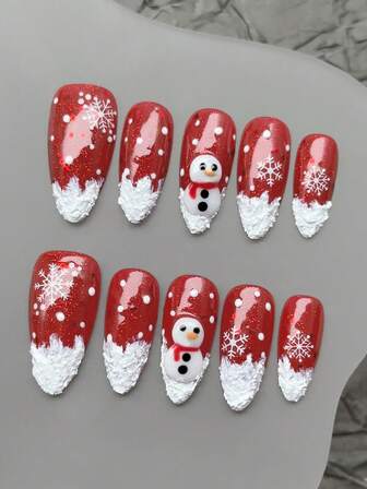 10 st/set handgjorda press-on naglar medellånga mandelformade naglar, julnaglar, röda naglar, flashiga röda naglar, tredimensionell snidad julsnögubbe, snöflingnaglar, röda och vita naglar, vinternaglar. Avtagbara lösnaglar, nageltillbehör nagelkonst, lämplig för fest, dans, vardagsbruk, studentfest, cosplay, press-on och återanvändbar, med gelélim och nagelfil gör-det-själv nageltillbehör