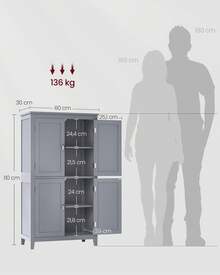 VASAGLE Mueble de Baño, Armario de Baño, Armario de Cocina, con 4 Puertas, Estantes Ajustables, 30 x 60 x 110 cm, Gris Mística - Gris - Ver 6