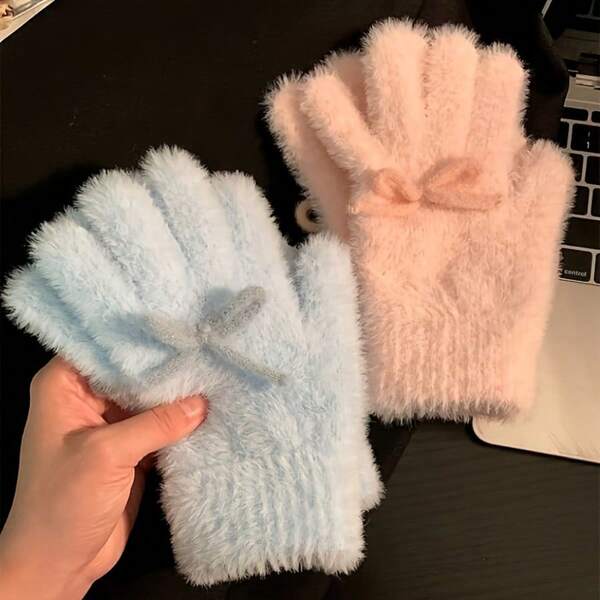 Women's Knitted Plush Gloves With Cute Bow, Winter