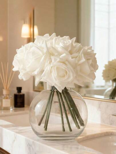 4 piezas Ramo de rosas rizadas de tacto real | Flores artificiales de látex para boda, fotografía, decoración del hogar y jardín, balcón, decoración de habitación, plantas falsas con maceta, planta falsa, hierba pampa