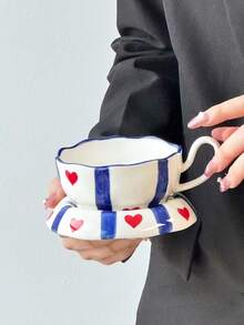 一套条纹爱心陶瓷咖啡杯碟，优雅简约陶瓷杯碟，适合聚会、下午茶、办公等场合，陶瓷杯，礼品 - 彩色 - 查看 8