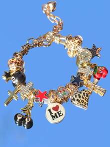 1pc Cute Red Cherry Charm Bracelet, Leopard Print Star Girl Bracelet, Black 8 Ball Dark Bracelet, Cross Star Bracelet, Punk Music Festival Bracelet