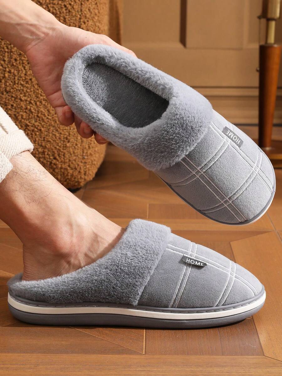 Pmoiste Fur Slippers For Men Winter Plaid Memory Foam Soft Non-Slip Bedroom Shoes Fashion Comfort Warm Male Slipper