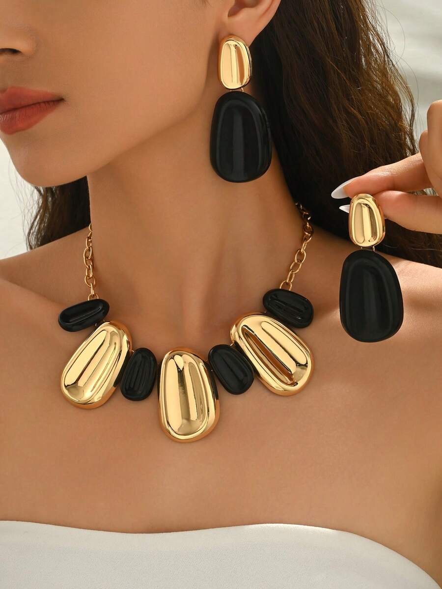 1 套黑色和金色几何夸张椭圆形吊坠项链和耳环套装，金属奢华艺术珠宝套装，适合女士 - 彩色 - 查看 1