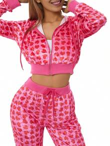 Female Short Coat, Heart Print Long Sleeve Tops With Zipper And Pockets For Spring Fall, Red, S/M/L - Red Top - View 3