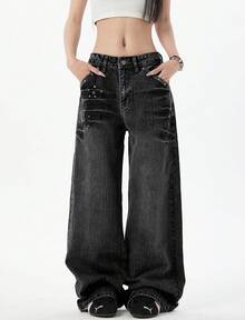 Womens Rivet Wide Leg Jeans Low Rise Baggy Jeans Straight Denim Pants Fall - 黑色 - 查看 2