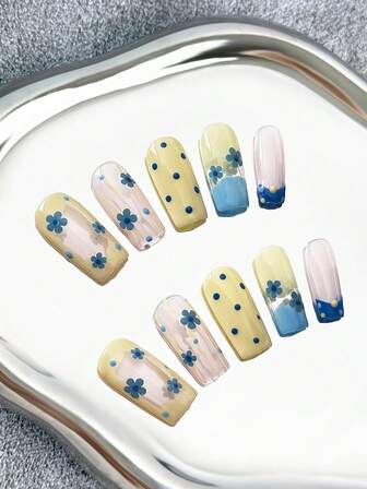 Fyrkantiga naglar Handgjorda press-on-naglar i fransk stil med ombrefärgblockering, handmålade kreativa blomstermönster, heltäckande glittrande DIY-konstnaglar, 10 st/förpackning