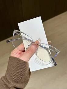 1pc Women's Metallic Cat Eye Rhinestone Studded Unique Design Shiny Aesthetic Glasses - Clear - View 13