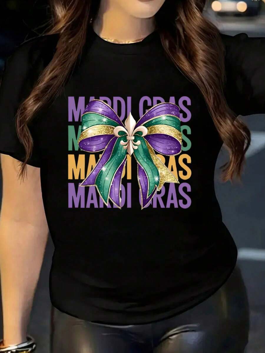Mardi Gras Party Bow Fleur De Lis Graphic Tee For Women And Men, Festive Celebration Shirt With Purple Green Gold Design, Perfect For Carnival Events And New Orleans Festival Wear, 220g - 黑色 - 查看 1