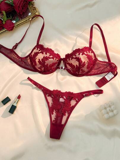 EverydayBra 女士纯色刺绣麦穗爱心菱形图案乡村风性感内衣套装（两件套），半透明镂空设计，轻薄透气，简约舒适，四季皆宜。