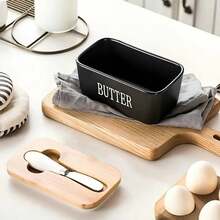 带竹盖和刀的陶瓷黄油碟 - 带刀的陶瓷台面储物容器，高品质硅胶密封，易于清洁的设计 - 非常适合烘焙和送礼。