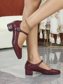 Women's Square Toe Casual Comfortable Rhinestone Buckle Chunky Heel Soft Bottom Work Shoes - Red - View 3