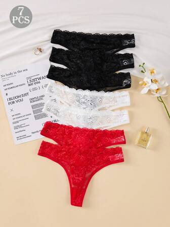 7pcs Women's Lace Floral Thong Panties, Comfortable & Versatile For All Seasons