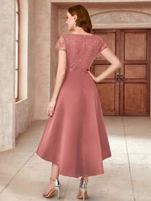 MIUSOL Sequin Lace Sweetheart Neck High-Low Hem Satin Prom Party Swing Dress - Dusty Pink - View 3