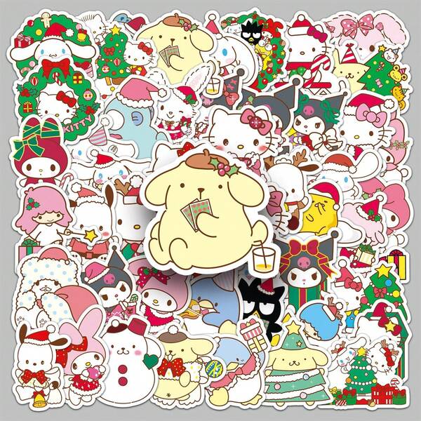 Sanrio Safe Sticker Sanrio 50PCS Christmas Sanrio Kuromi Hello Kitty Stickers Kawaii Cartoon DIY Decorative Decals Phone Case Laptop Diary Guitar Cups Stationery Waterproof Stickers