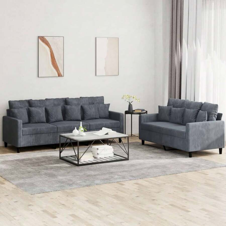 vidaXL 2-Teiliges Sofa-Set Mit Kissen, Dunkelgrau Samt - Grau - Übersicht 1