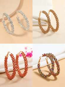 1對隨機色水鑽裝飾圓耳環適合女士日常裝飾 - 彩色 - 查看 11