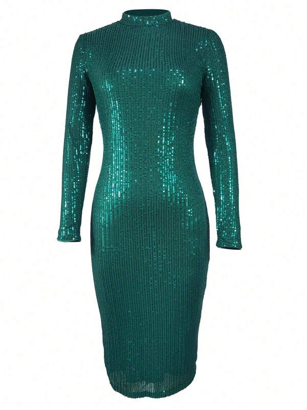 Elegante abito midi verde con paillettes per donna, collo alto, maniche lunghe, silhouette a matita, abito da cocktail per feste, abito midi aderente verde con paillettes, collo alto e maniche lunghe, abito da sera di lusso per feste di Natale in autunno/inverno