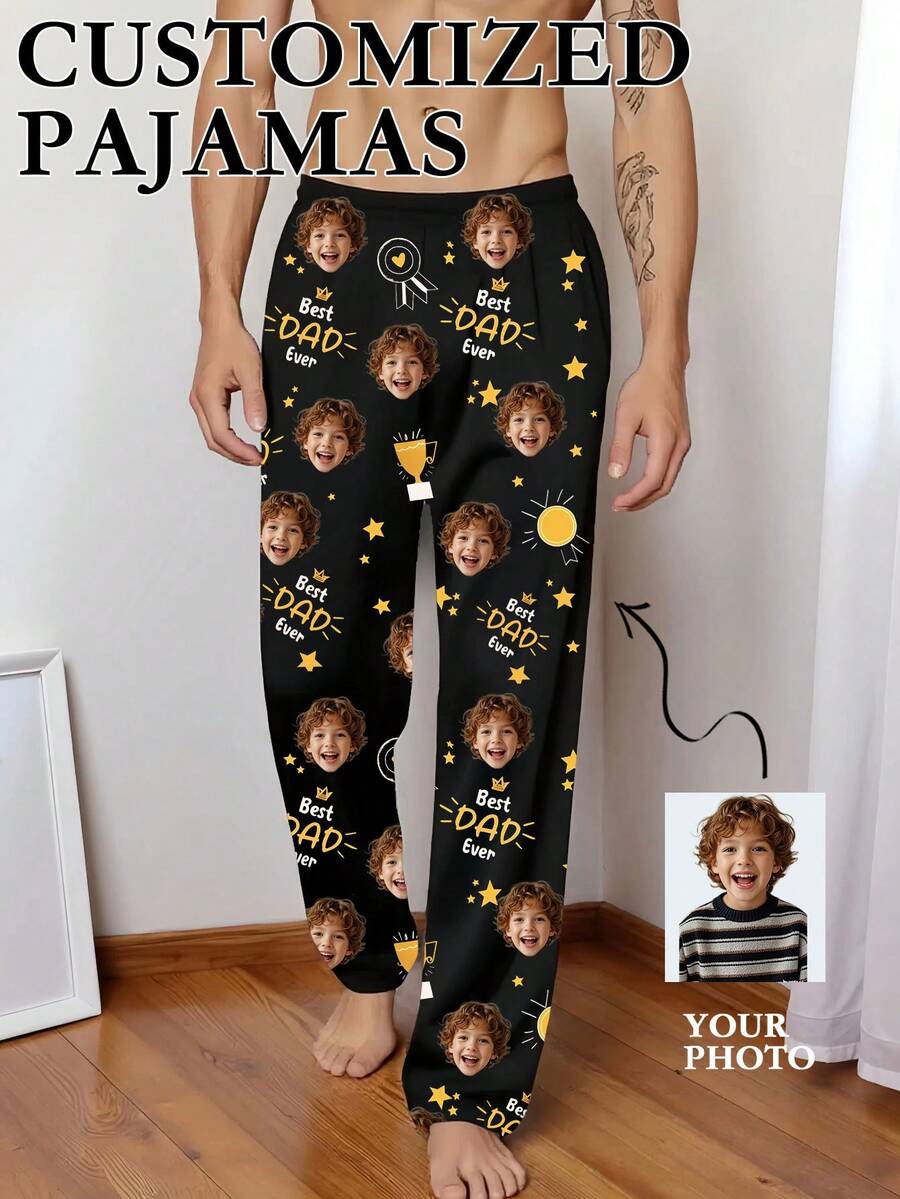 1PC Photo-Customized Man's Sleep Pants – Funny Pajamas, Unique & Comfortable, Custom People Head Images, Chic Autumn Fall Gifting Choice - Multicolor - View 1