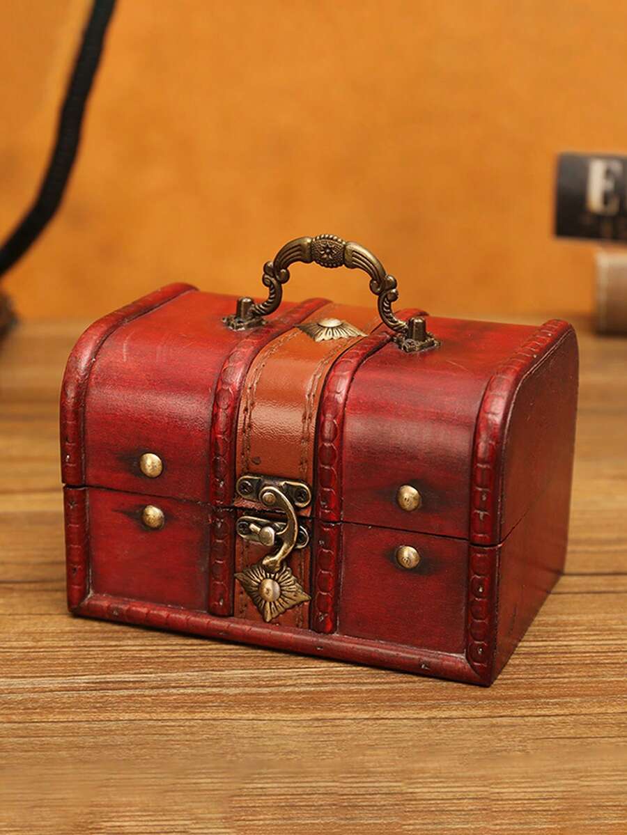 FEILIYA 1pc Vintage Distressed Wooden Jewelry Box Lockable Keepsake Storage Chest With Handle - Multicolor - View 1