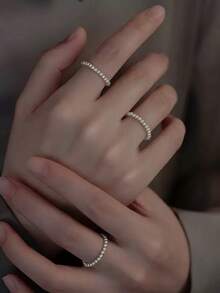 925 Sterling Silver Pearl Beaded Rings, Minimalist Stacking Rings, Delicate Luxury Women Finger Rings