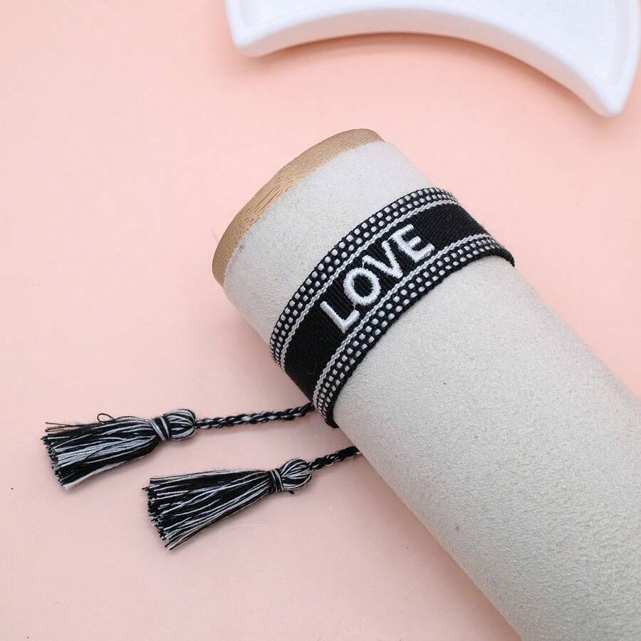 1 pieza Pulsera trenzada con borlas, bordada a mano con carta de amor, estilo bohemio - Negro - Ver 1