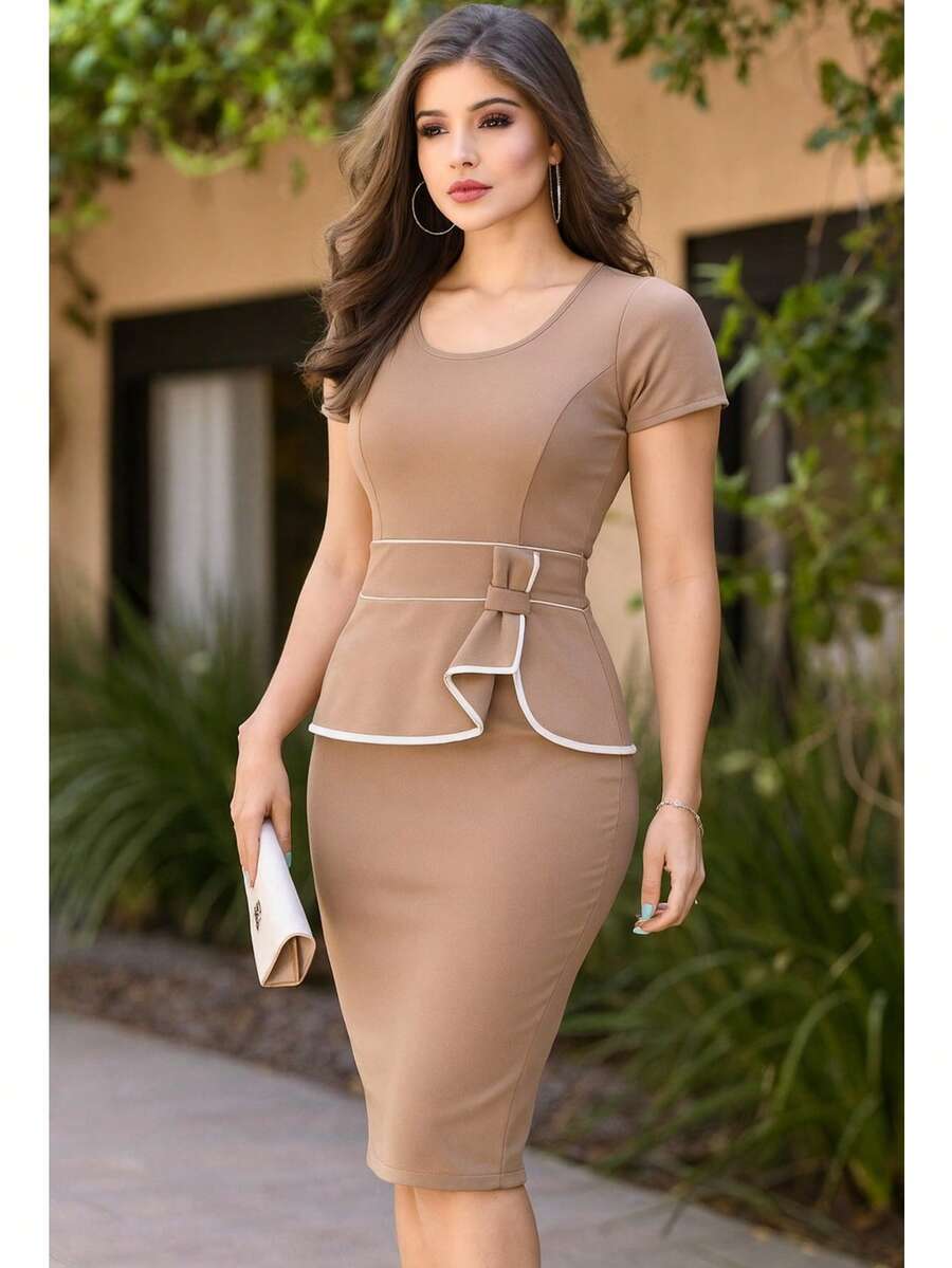 Red White Midi Dress With Bow And Bow, Wholesale Promotion - Mocha Brown - View 1