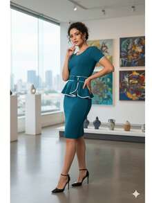 Red White Midi Dress With Bow And Bow, Wholesale Promotion - 寶藍色 - 查看 2
