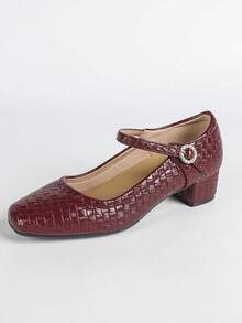 Women's Square Toe Casual Comfortable Rhinestone Buckle Chunky Heel Soft Bottom Work Shoes - Red - View 7