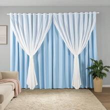 Linen Curtain With Blackout PVC Lining, 2.80 Wide X 2.50 High, Standard Rod, Living Room, Bedroom - Xanh lam/Trắng - Xem 1