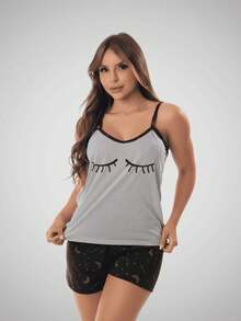 Women's Silk Print Short Doll Pajamas With Comfortable Straps - Grey - View 6