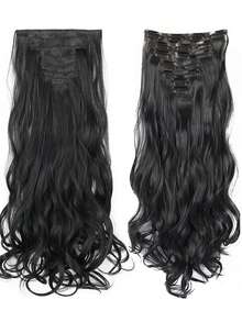 Synthetic 7Pcs/Set 16 Clips Hair Extension Black Long Wavy Hairpiece Heat Resistant Fiber For Women Daily Party Holidays Use - Multicolor - View 5