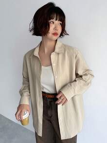 FRIFUL Camisa de manga larga de unicolor para mujer, para uso diario en primavera, tops de manga larga - Beis - Ver 3