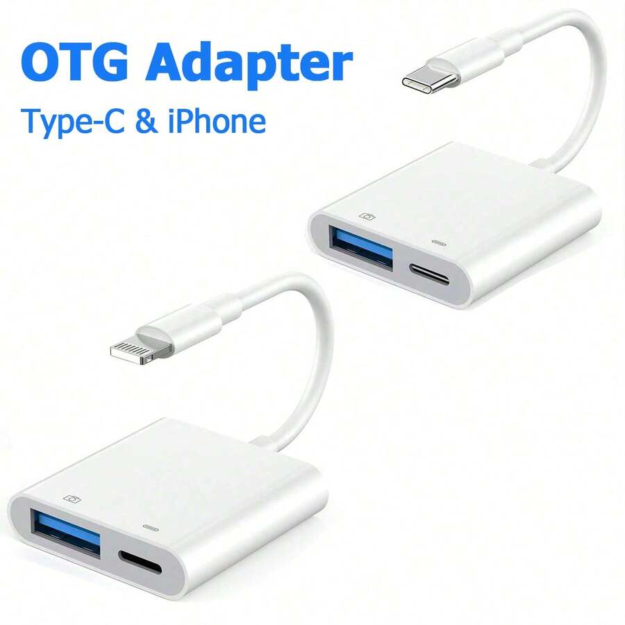 2-In-1 USB OTG Card Reader, USB C/Lightning Type Card Reader Headphone Adapter, Type-C Audio Data Cable, Compatible With IPhone 17/16/15/14/13/12/11 Pro Max Plus, IPads, S25/S24/S23, Card Reader Charger Adapter - White - View 1