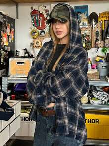 女士休闲格纹印花纽扣连帽抽绳卫衣外套，时尚街头风，适合日常穿着，秋冬季 - 藏蓝色 - 查看 1