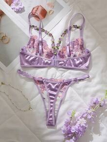 2 件女士薰衣草刺绣花卉吊带性感日常内衣套装，透明刺绣花卉短款上衣和丁字裤，可爱俏皮的文胸
