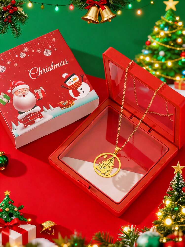 Christmas Merry Gift Box Set Fashionable Charming Gold Christmas Tree & Snowflake Pendant Necklace, Stainless Steel Jewelry For Women, Holiday Gift, Party Wear, Daily Occasion, Romantic Seasonal Gift - Red - View 7