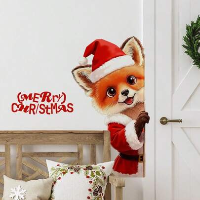 Pegatinas de pared con zorro asomándose con gorro de Papá Noel - Autoadhesivas y removibles, decoración de pared con estampado de animal de plástico para sala de estar, dormitorio, escuela - Fácil de aplicar, perfecta para decoración navideña y del Día de Acción de Gracias, decoración de ventanas, diseño alegre, fácil aplicación, decoraciones navideñas