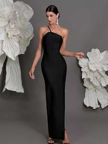 Vestido ajustado de punto con un hombro, con abertura alta sexy, adecuado para reuniones familiares, fiestas, banquetes y ocasiones formales, elegante - Negro - Ver 6