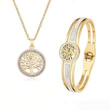 Set de 2 piezas de collar con colgante del árbol de la vida y pulsera para mujeres, joyería clásica y linda con decoración de acero inoxidable y rhinestones, adecuada para uso diario y fiestas